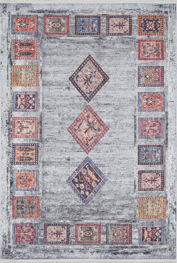 Gri Kırmızı Modern Çerçeveli Halı - Yıkanabilir - Kaymaz Taban - Pati Dostu