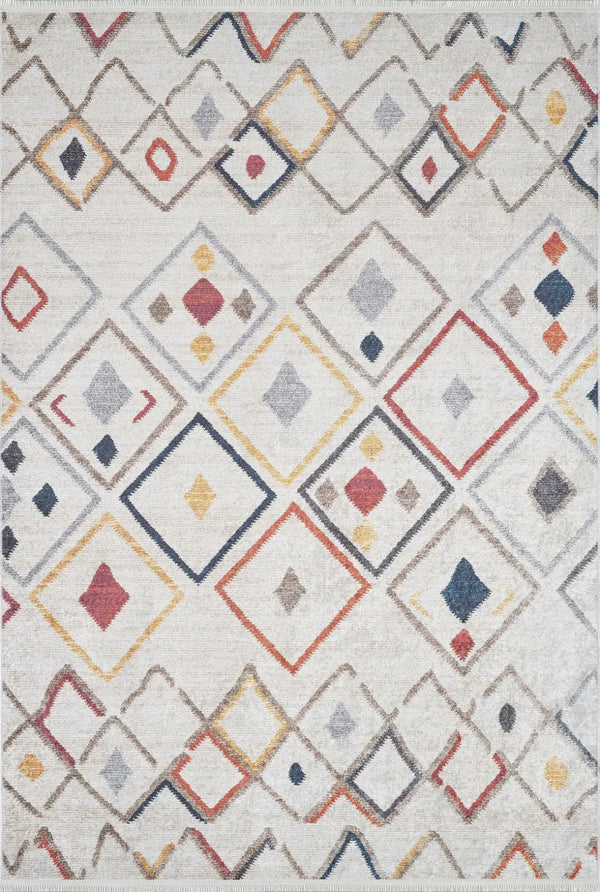 Gri Elmas Desenli Geometrik Halı - Yıkanabilir - Kaymaz Taban - Pati Dostu