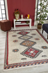 Beige Red Geometric Living Room Rug - Polyester