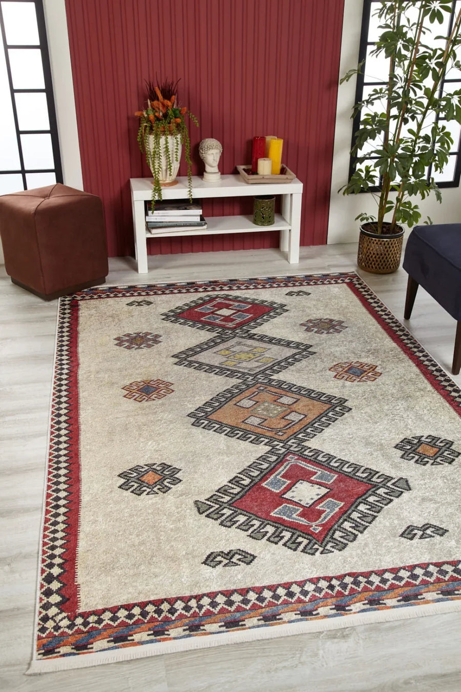 Bej Krem Geometrik Modern Halı - Yıkanabilir - Kaymaz Taban - Pati Dostu