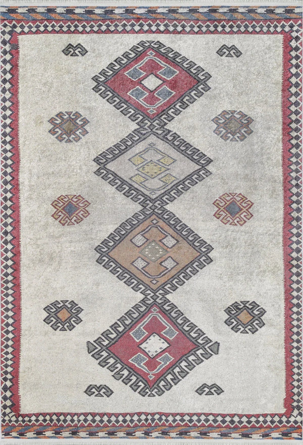 Bej Krem Geometrik Modern Halı - Yıkanabilir - Kaymaz Taban - Pati Dostu