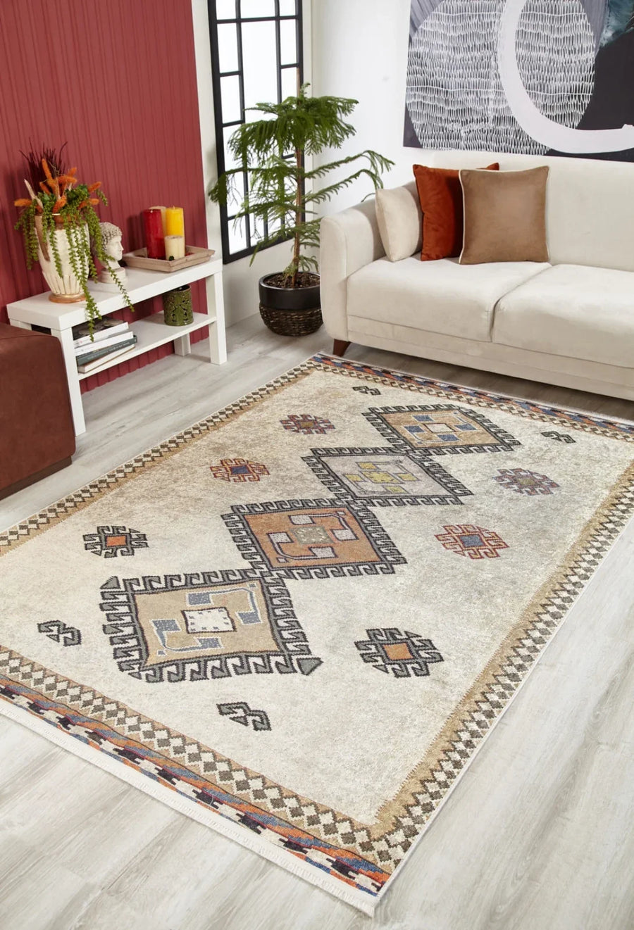 Bej Krem Geometrik Modern Halı - Yıkanabilir - Kaymaz Taban - Pati Dostu