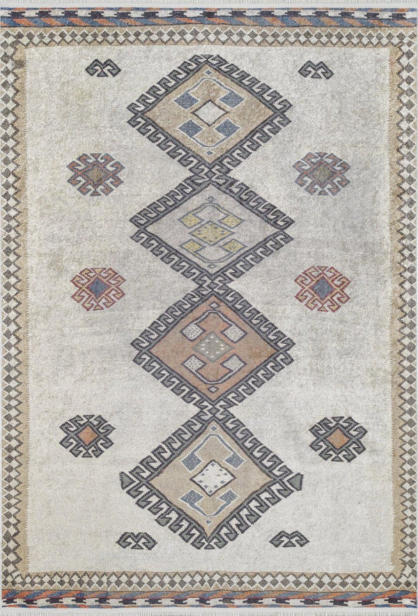 Bej Krem Geometrik Modern Halı - Yıkanabilir - Kaymaz Taban - Pati Dostu