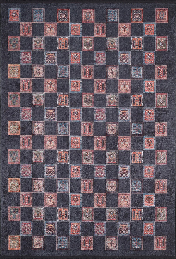 Siyah Damalı Geometrik Halı - Yıkanabilir - Kaymaz Taban - Pati Dostu