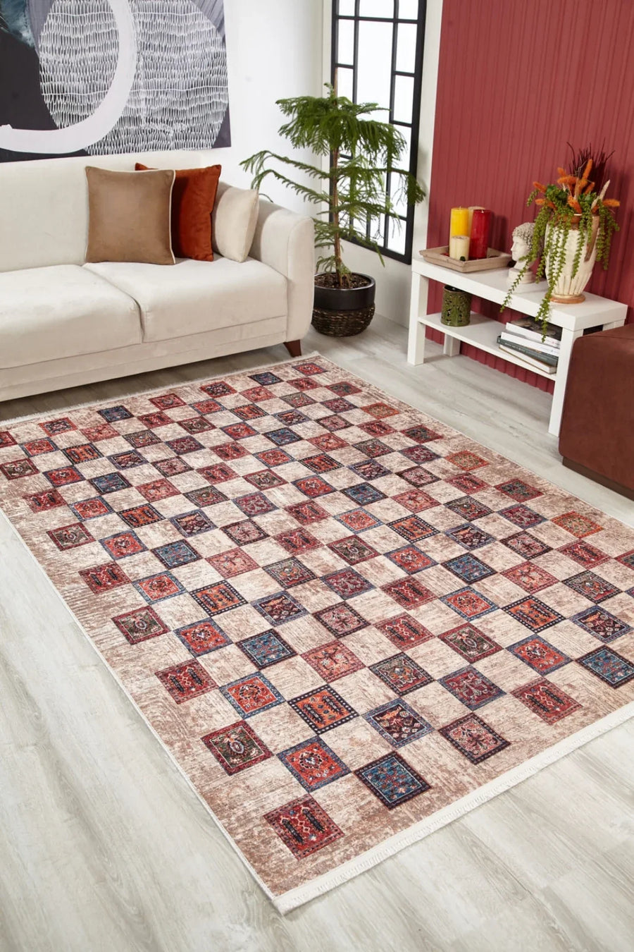 Geometrik Kareli Halı - Yıkanabilir - Kaymaz Taban - Pati Dostu