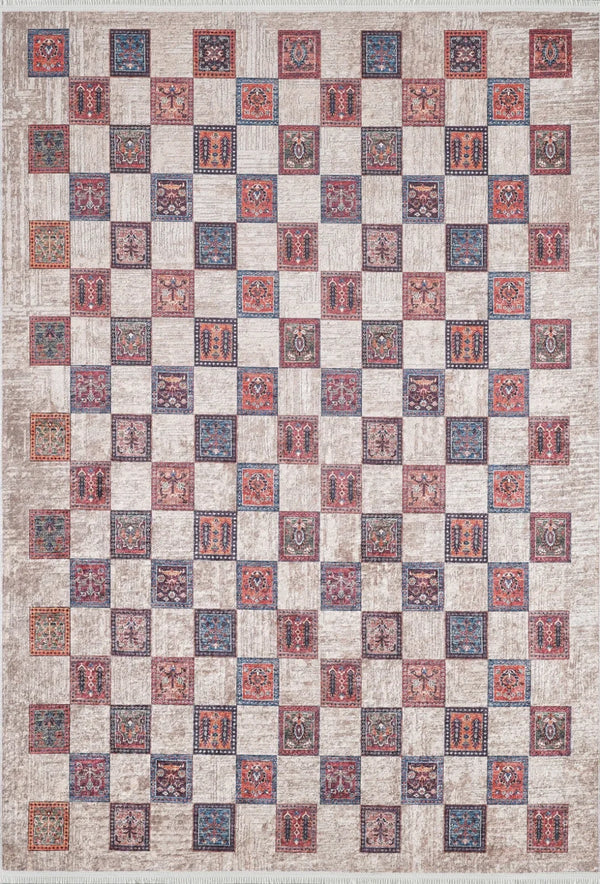 Geometrik Kareli Halı - Yıkanabilir - Kaymaz Taban - Pati Dostu