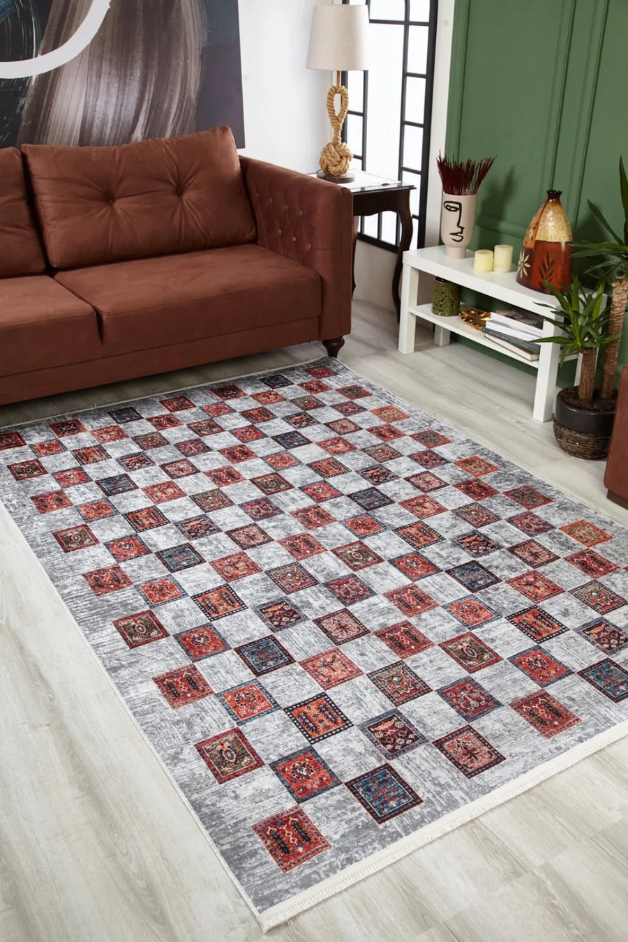 Gri Krem Damalı Geometrik Halı - Yıkanabilir - Kaymaz Taban - Pati Dostu