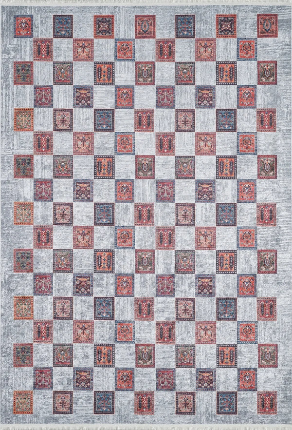 Gri Krem Damalı Geometrik Halı - Yıkanabilir - Kaymaz Taban - Pati Dostu