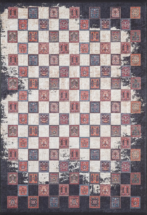 Siyah Geometrik Kareli Halı - Yıkanabilir - Kaymaz Taban - Pati Dostu