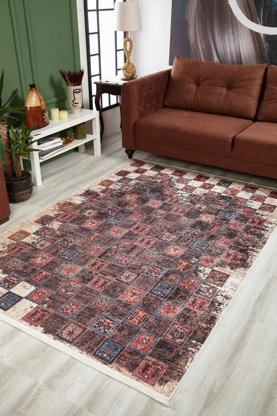 Geometrik Kareli Halı - Yıkanabilir - Kaymaz Taban - Pati Dostu