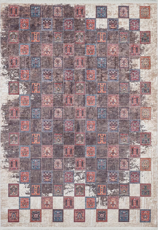 Geometrik Kareli Halı - Yıkanabilir - Kaymaz Taban - Pati Dostu