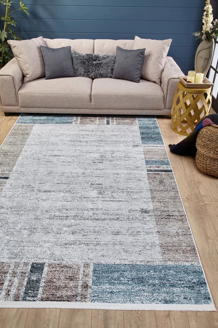 Gri Bordürlü Minimalist Halı - Yıkanabilir - Kaymaz Taban - Pati Dostu