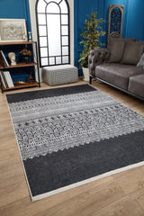Anthracite White Ethnic Geometric Living Room Rug - Polyester