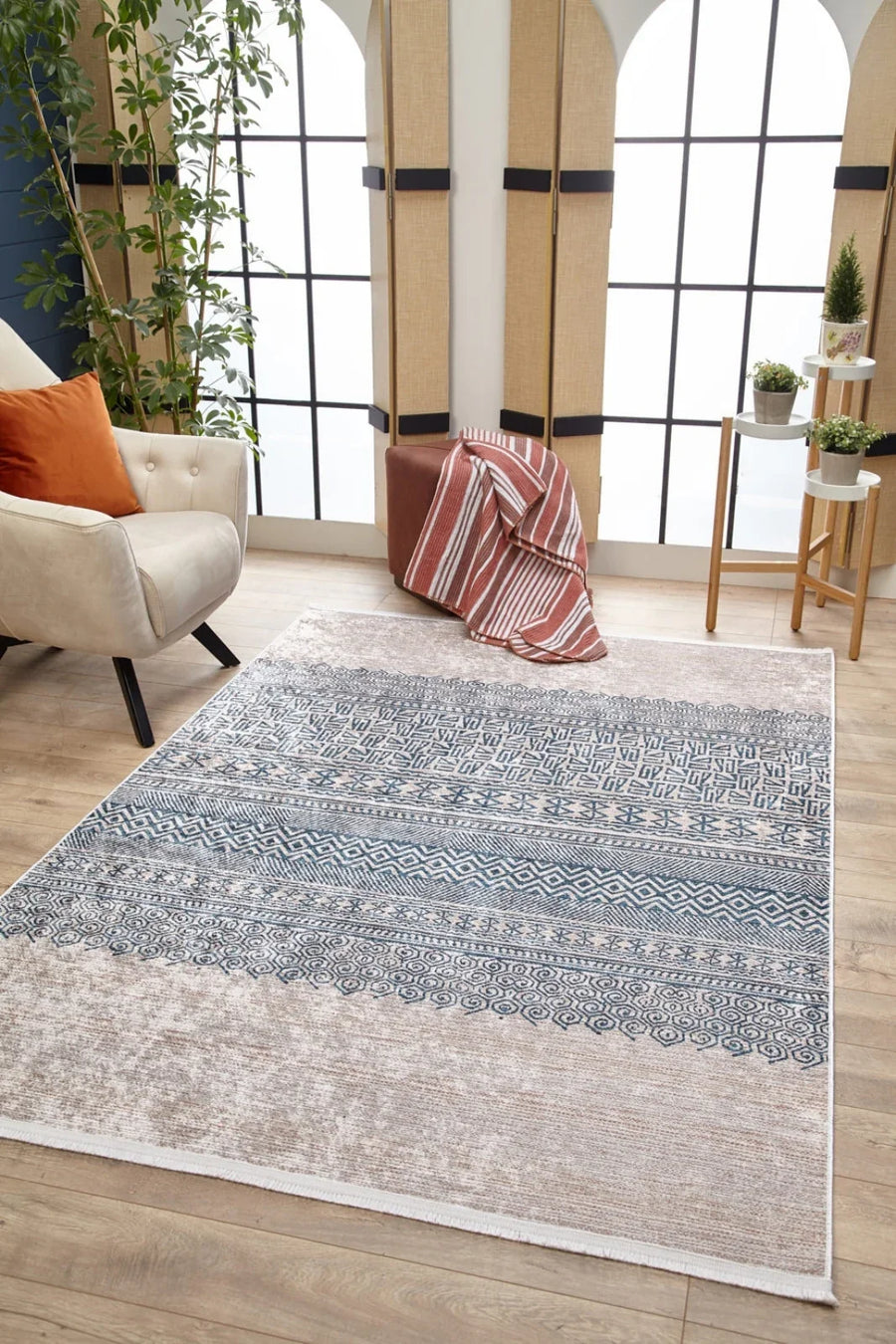 Gri Mavi Geometrik Modern Halı - Yıkanabilir - Kaymaz Taban - Pati Dostu
