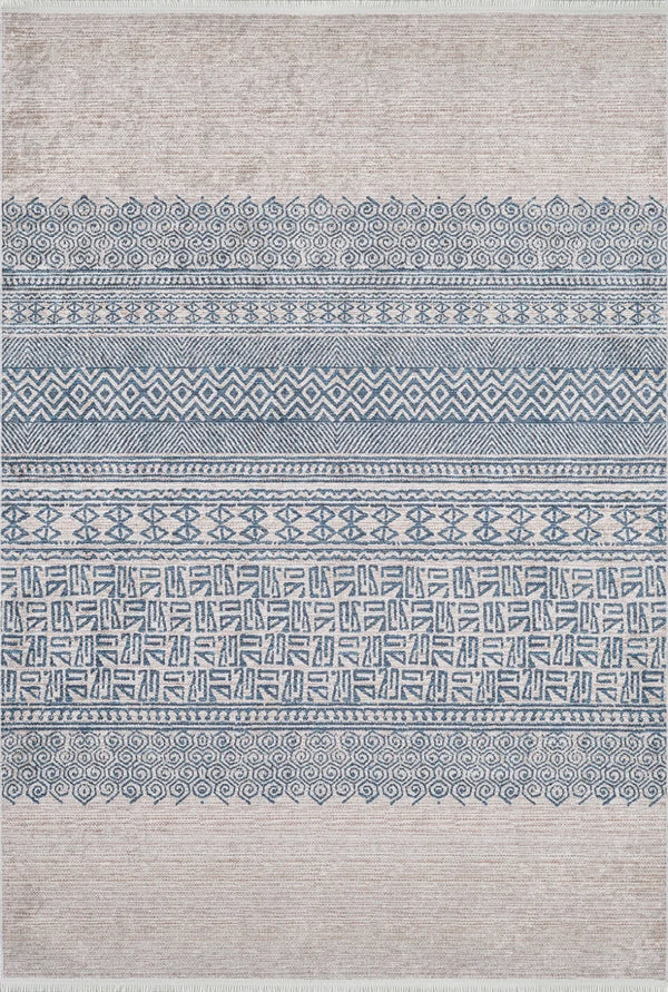 Gri Mavi Geometrik Modern Halı - Yıkanabilir - Kaymaz Taban - Pati Dostu
