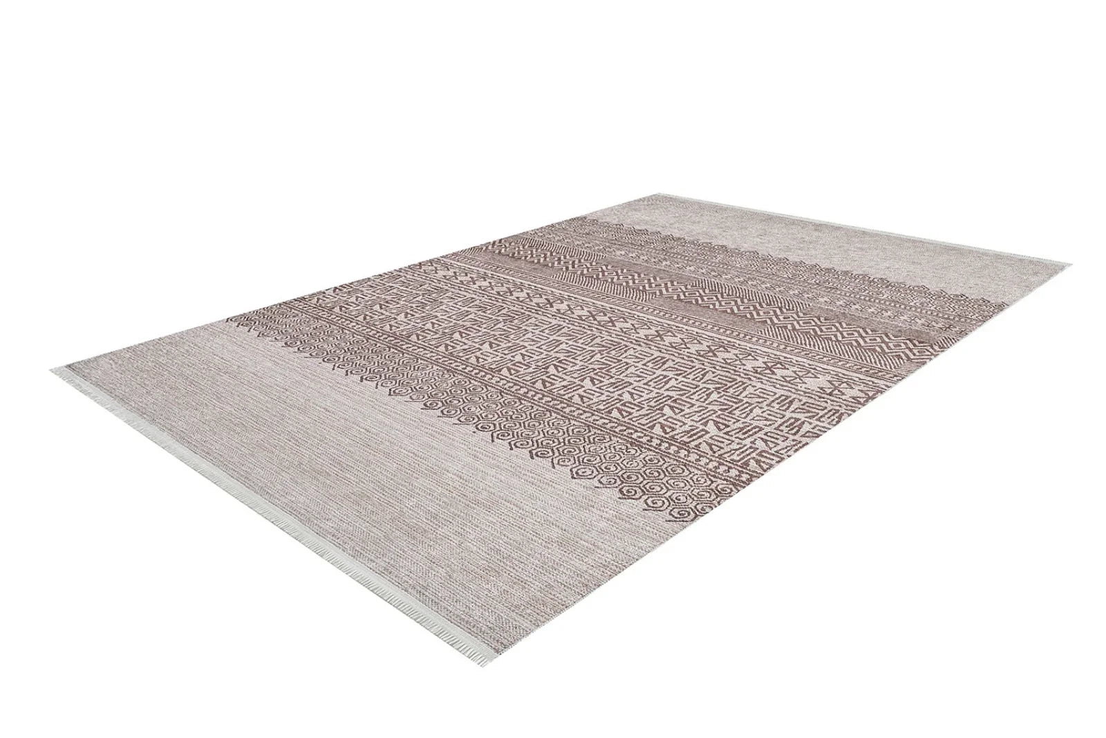 Bej Krem Etnik Geometrik Halı - Yıkanabilir - Kaymaz Taban - Pati Dostu