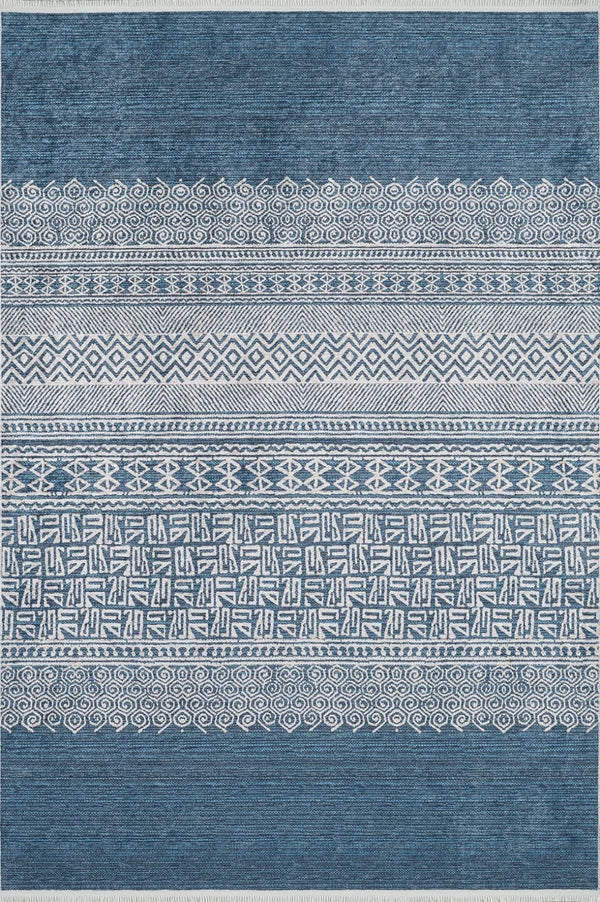 Mavi Geometrik Minimalist Halı - Yıkanabilir - Kaymaz Taban - Pati Dostu