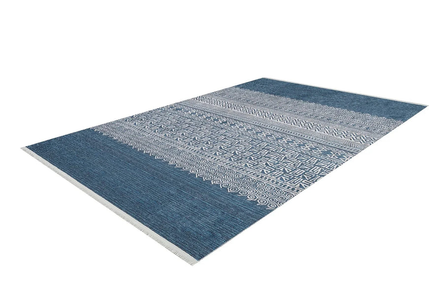 Mavi Geometrik Minimalist Halı - Yıkanabilir - Kaymaz Taban - Pati Dostu
