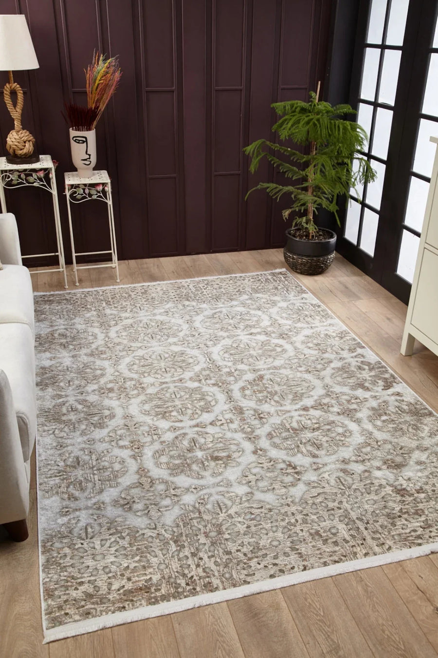 Beyaz Krem Klasik Minimalist Desenli Halı - Yıkanabilir - Kaymaz Taban - Pati Dostu
