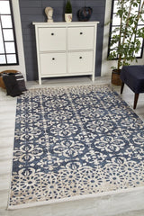 Navy Beige Distressed Living Room Rug - Polyester