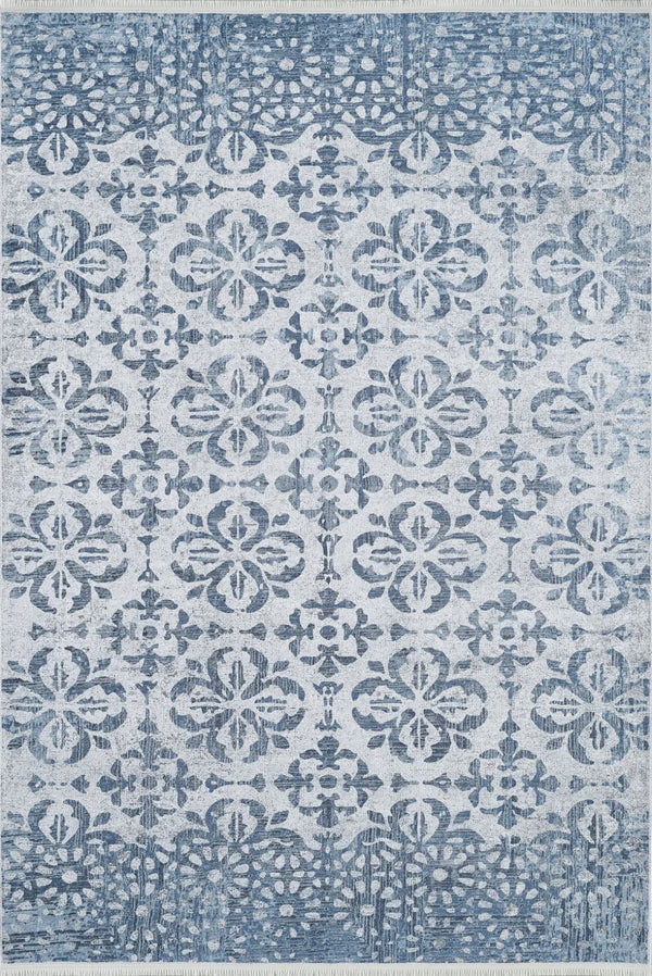 Beyaz Gri Klasik Desenli Modern Halı - Yıkanabilir - Kaymaz Taban - Pati Dostu