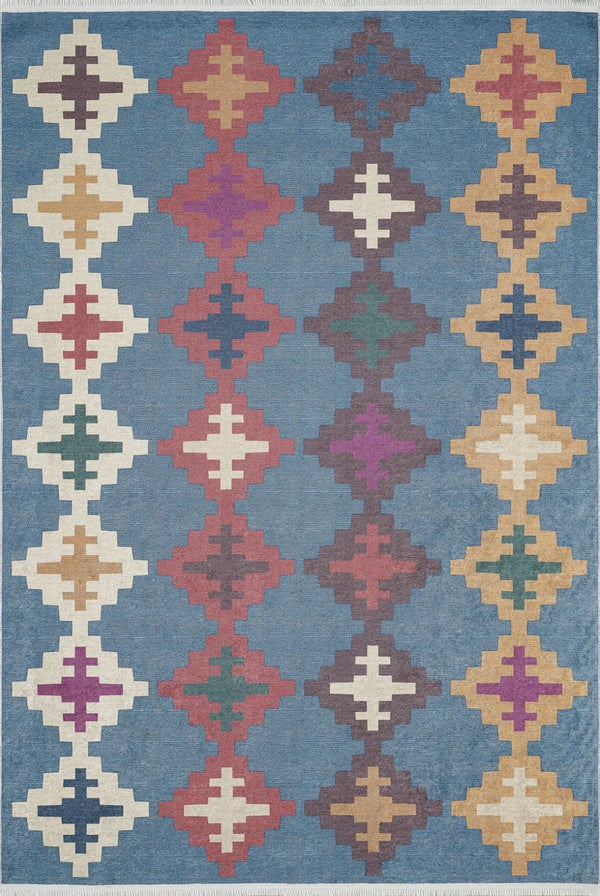 Mavi Bohem Stil Elmas Desenli Halı - Yıkanabilir - Kaymaz Taban - Pati Dostu