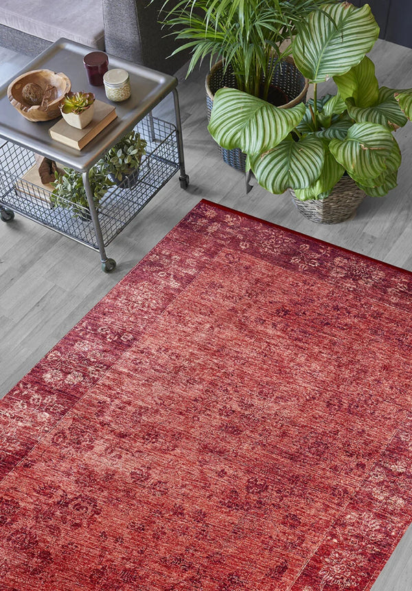 Red and Beige Abstract Pattern Polyester Digitally Printed Rug