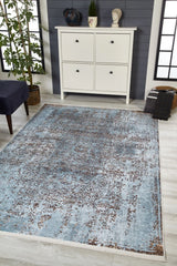 Light Blue Brown Distressed Kitchen Rug - Polyester Digital Print
