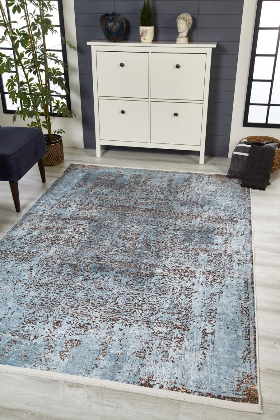 Antrasit Gri Eskitme Modern Halı - Yıkanabilir - Kaymaz Taban - Pati Dostu