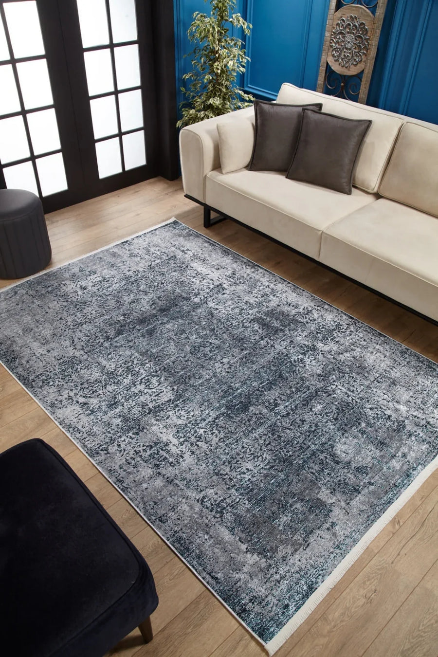 Gri Mavi Dokulu Modern Halı - Yıkanabilir - Kaymaz Taban - Pati Dostu