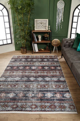 Anthracite Cream Distressed Ethnic Geometric Living Room Rug - Polyester Machine Woven