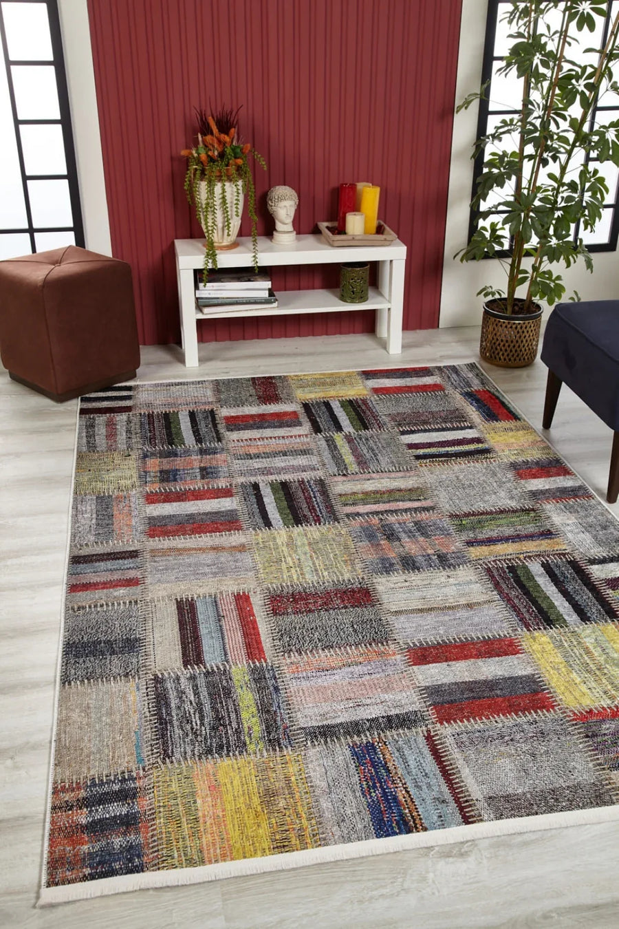 Gri Modern Patchwork Halı - Yıkanabilir - Kaymaz Taban - Pati Dostu