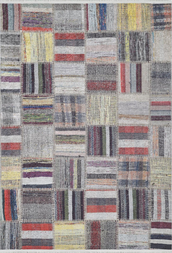Gri Modern Patchwork Halı - Yıkanabilir - Kaymaz Taban - Pati Dostu