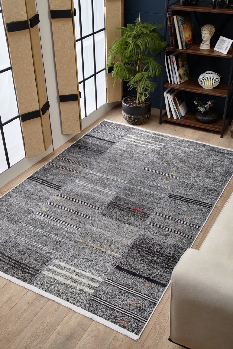 Antrasit Gri Modern Patchwork Halı - Yıkanabilir - Kaymaz Taban - Pati Dostu