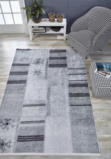 Gray Black Distressed Patchwork Living Room Rug - Polyester Digital Print