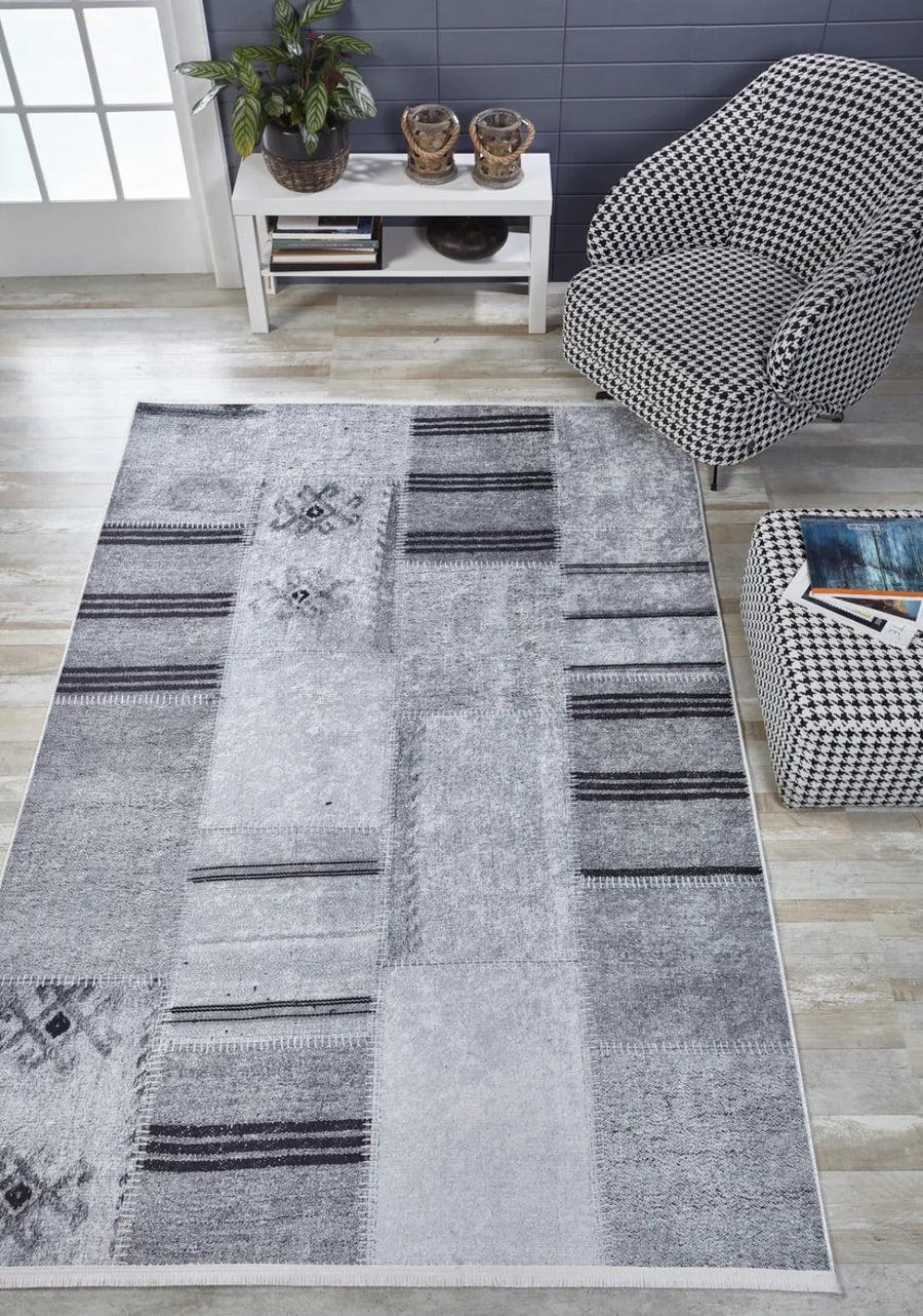 Gri Modern Patchwork Halı - Yıkanabilir - Kaymaz Taban - Pati Dostu