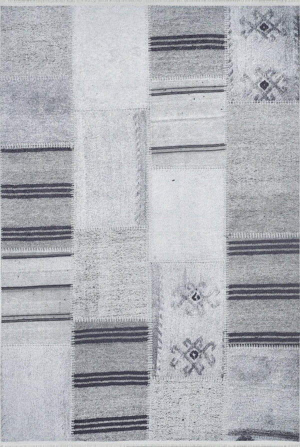 Gri Modern Patchwork Halı - Yıkanabilir - Kaymaz Taban - Pati Dostu