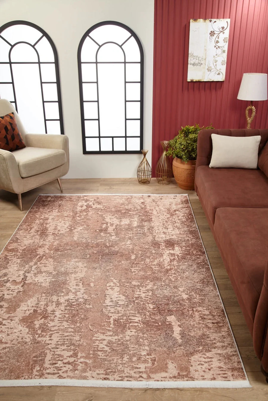 Bej Krem Eskitme Modern Halı - Yıkanabilir - Kaymaz Taban - Pati Dostu
