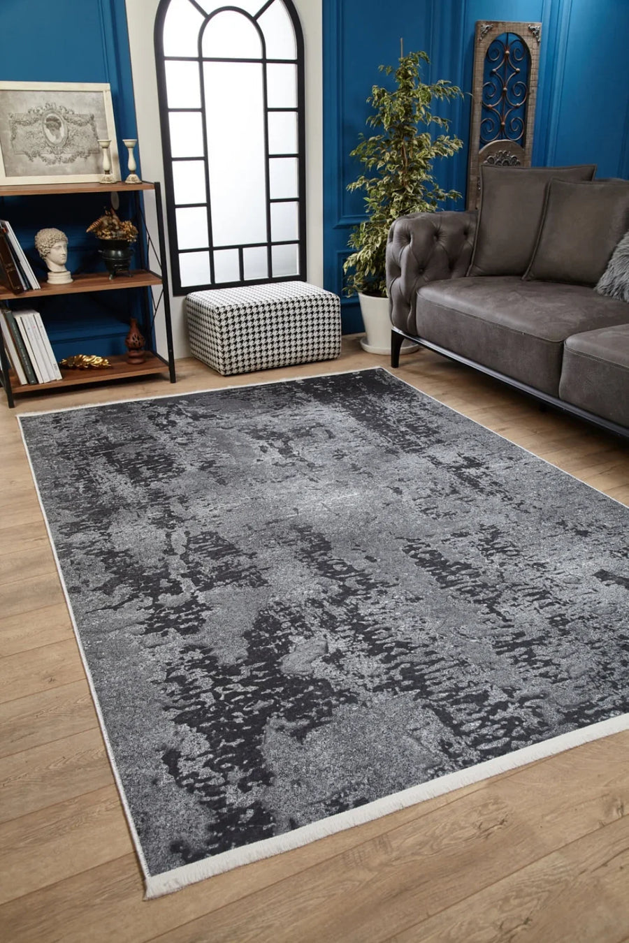 Gri Dokulu Minimalist Halı - Yıkanabilir - Kaymaz Taban - Pati Dostu
