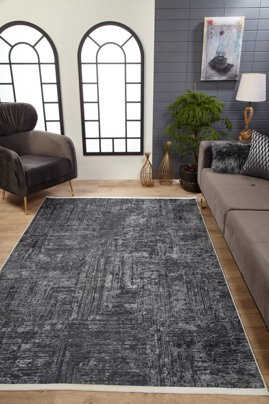 Antrasit Dokulu Modern Halı - Yıkanabilir - Kaymaz Taban - Pati Dostu
