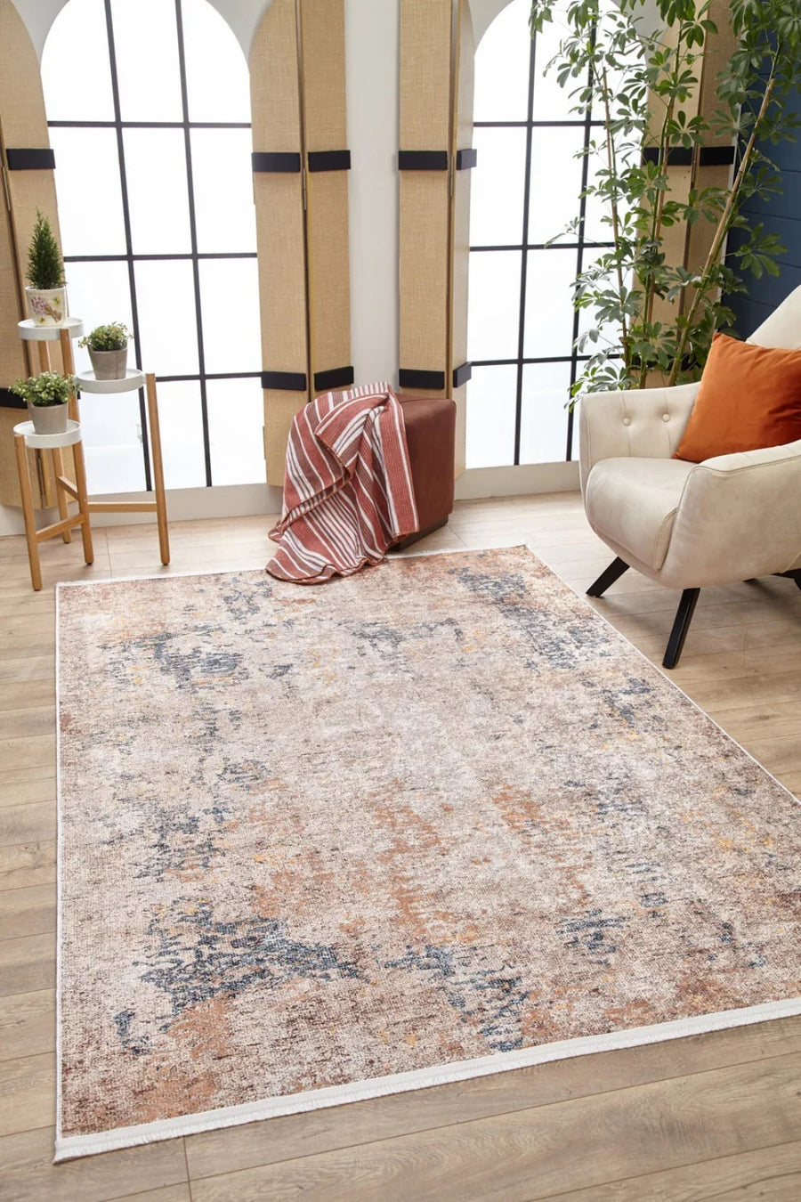 Bej Krem Dokulu Modern Halı - Yıkanabilir - Kaymaz Taban - Pati Dostu