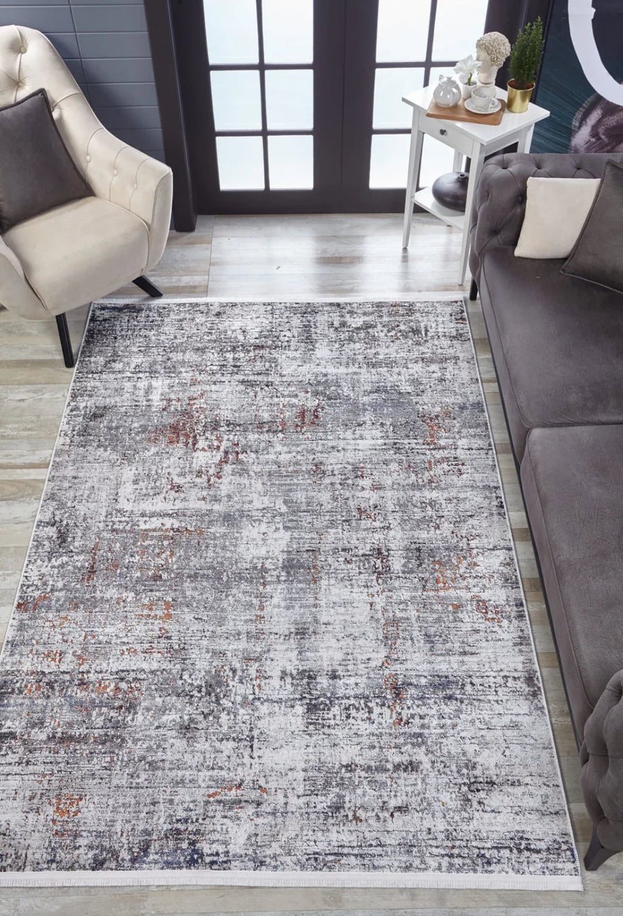 Gri Dokulu Minimalist Halı - Yıkanabilir - Kaymaz Taban - Pati Dostu