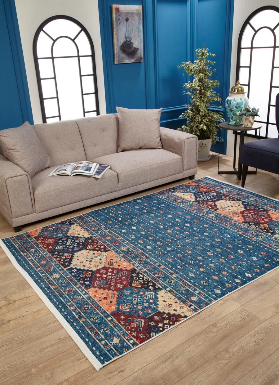Mavi Etnik Motifli Geometrik Halı - Yıkanabilir - Kaymaz Taban - Pati Dostu