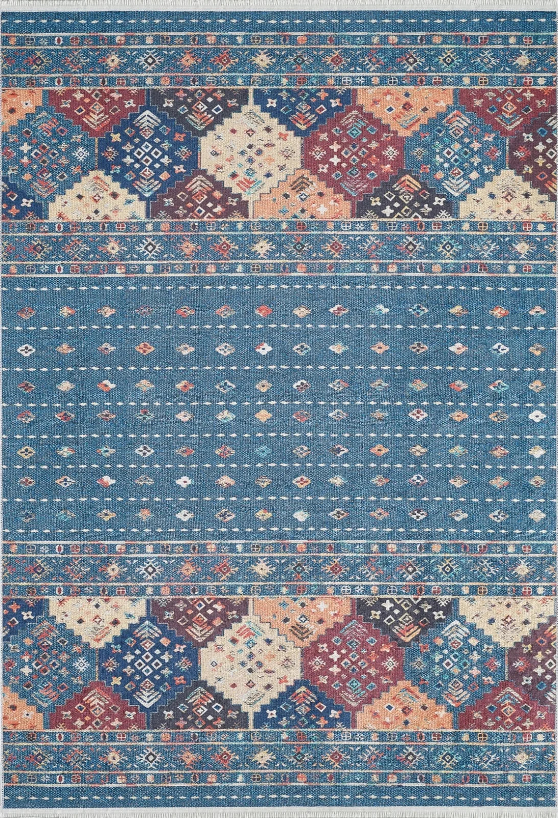 Mavi Etnik Motifli Geometrik Halı - Yıkanabilir - Kaymaz Taban - Pati Dostu