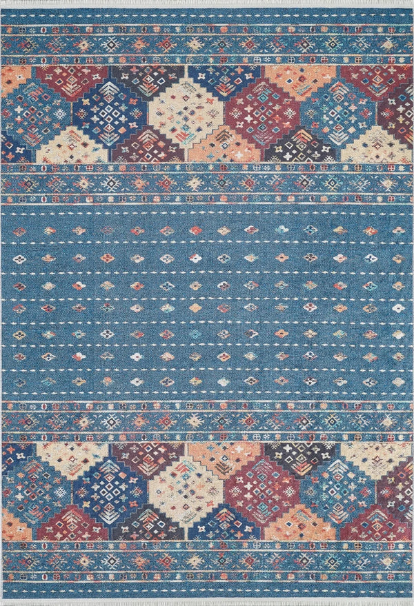 Mavi Etnik Motifli Geometrik Halı - Yıkanabilir - Kaymaz Taban - Pati Dostu