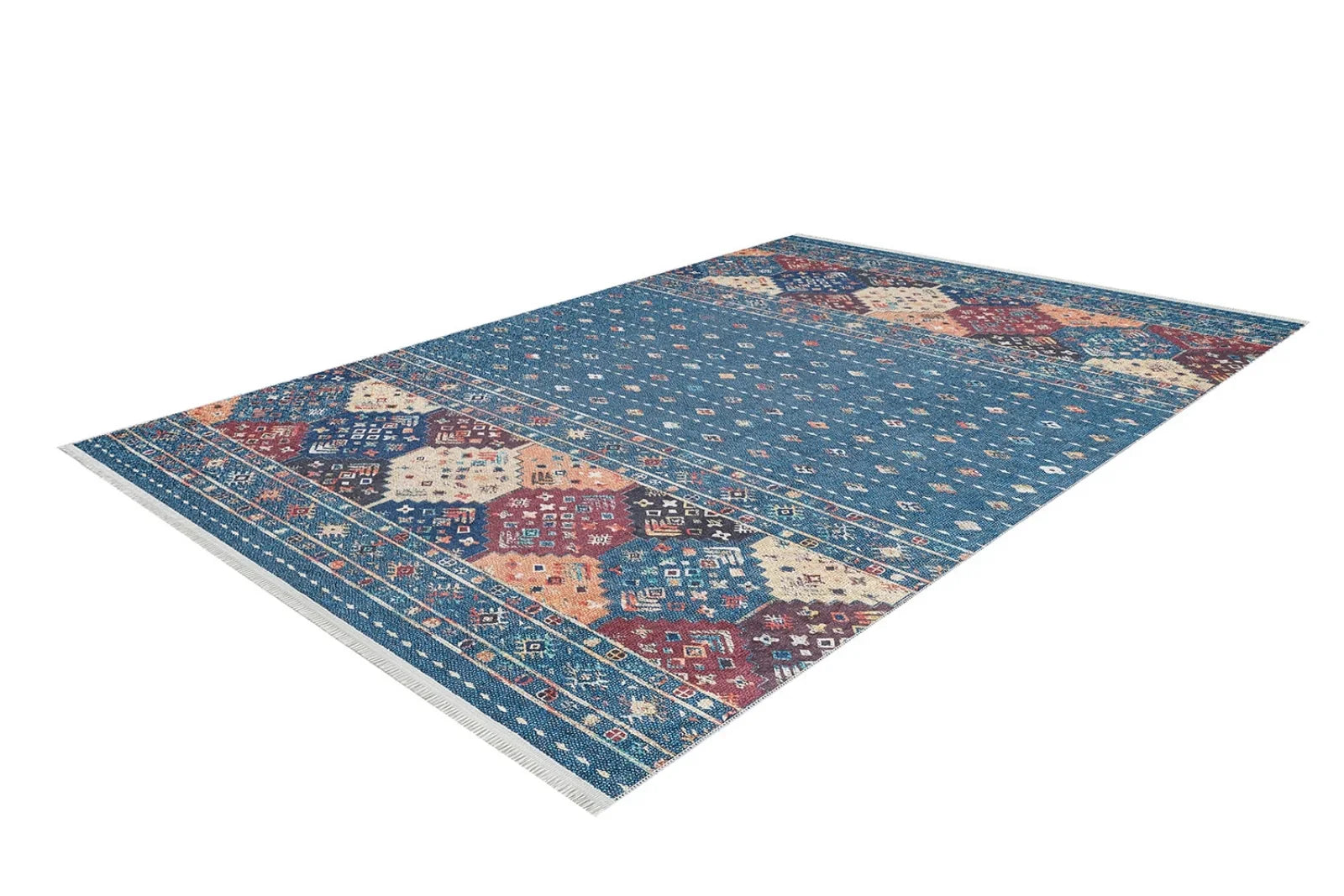 Mavi Etnik Motifli Geometrik Halı - Yıkanabilir - Kaymaz Taban - Pati Dostu