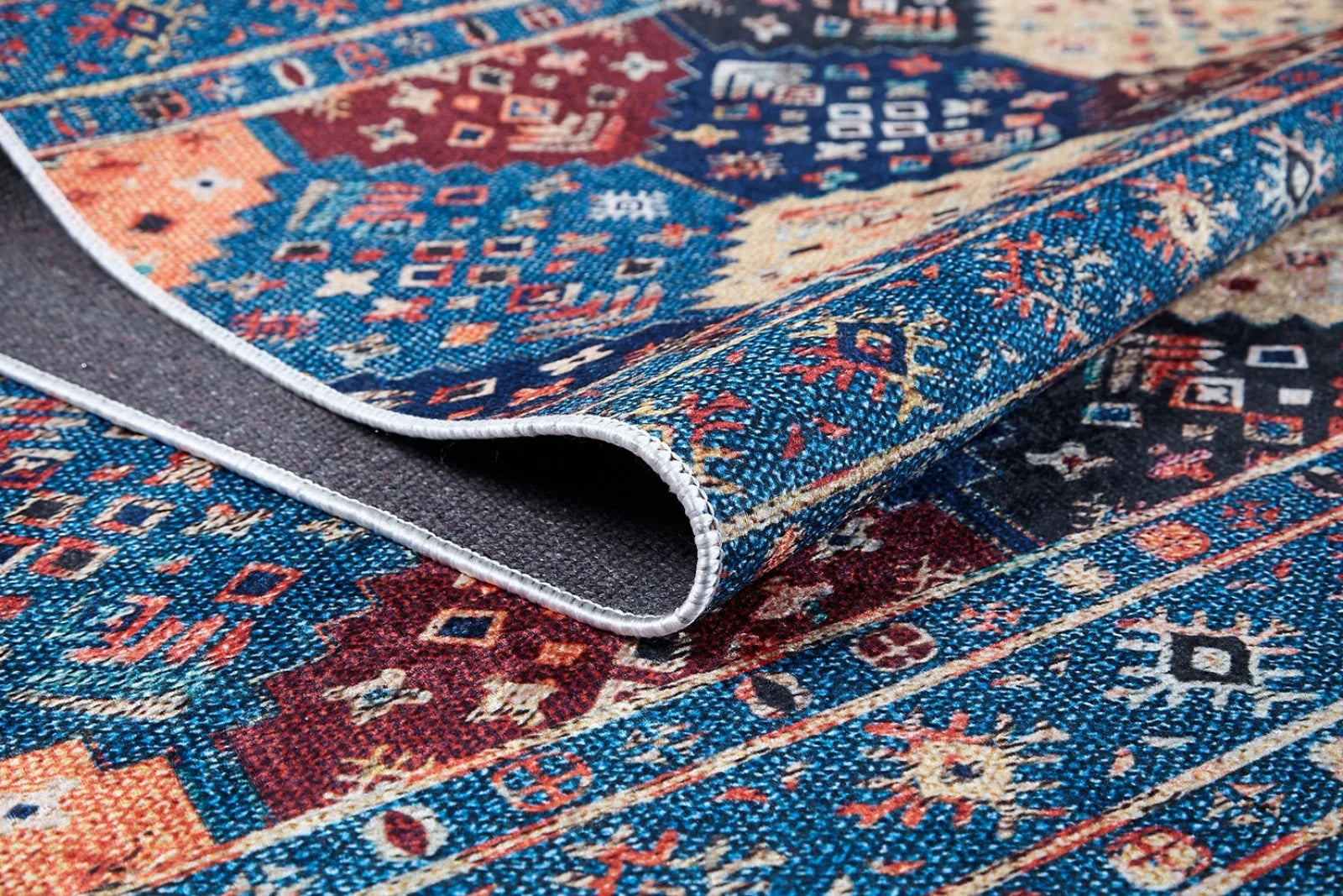 Mavi Etnik Motifli Geometrik Halı - Yıkanabilir - Kaymaz Taban - Pati Dostu