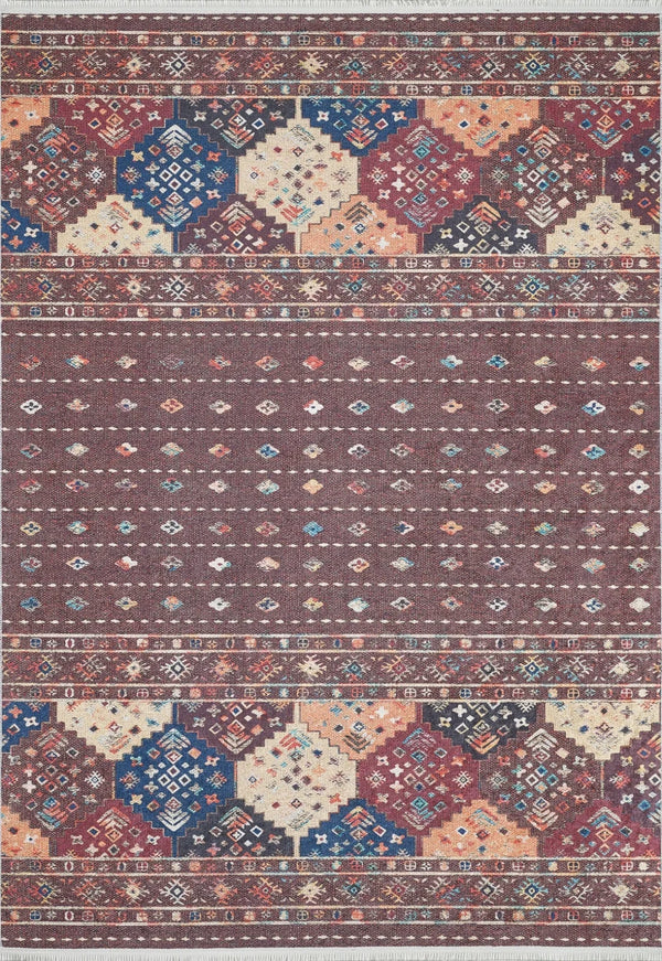 Etnik Motifli Geometrik Halı - Yıkanabilir - Kaymaz Taban - Pati Dostu