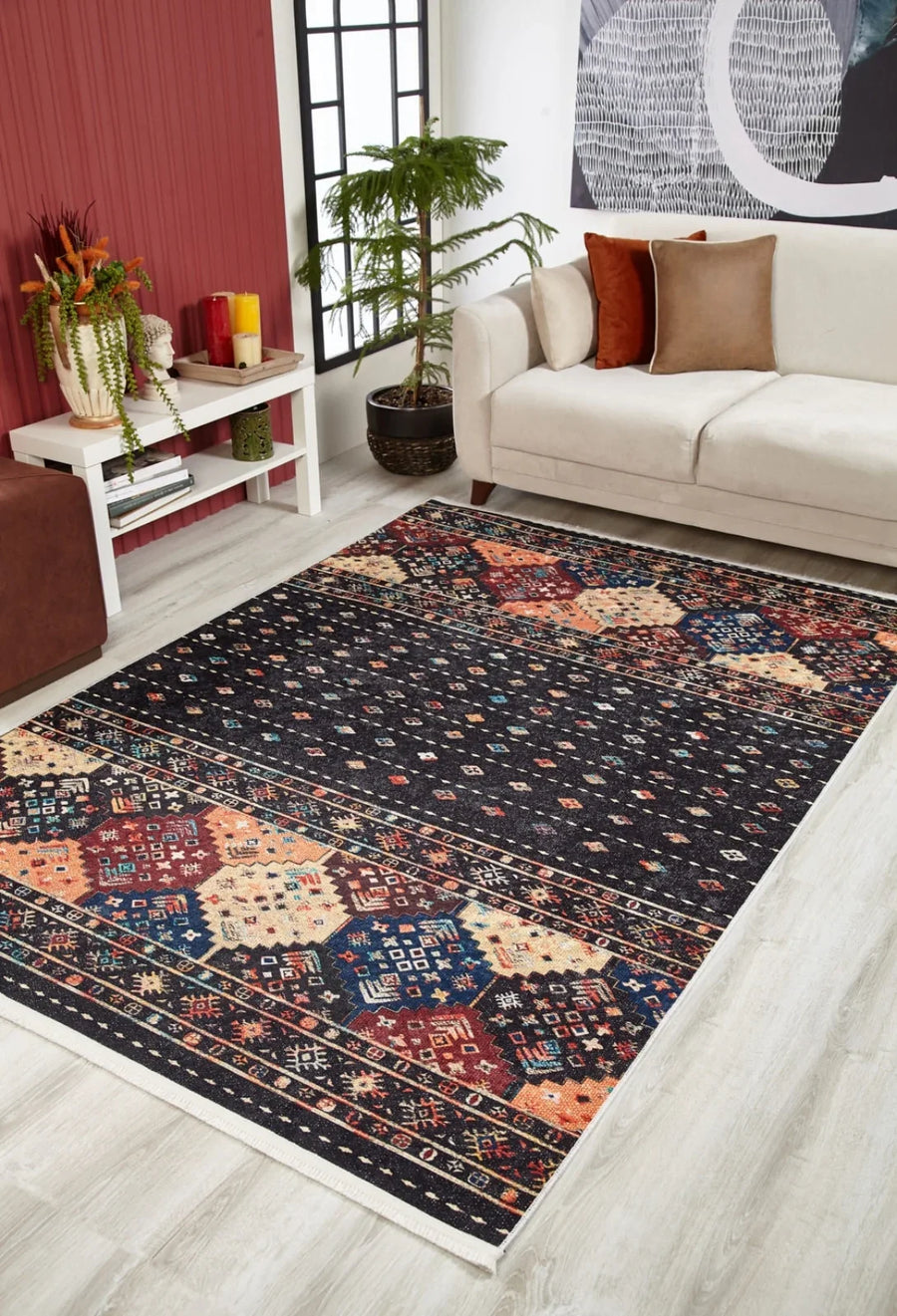 Siyah Etnik Motifli Geometrik Halı - Yıkanabilir - Kaymaz Taban - Pati Dostu