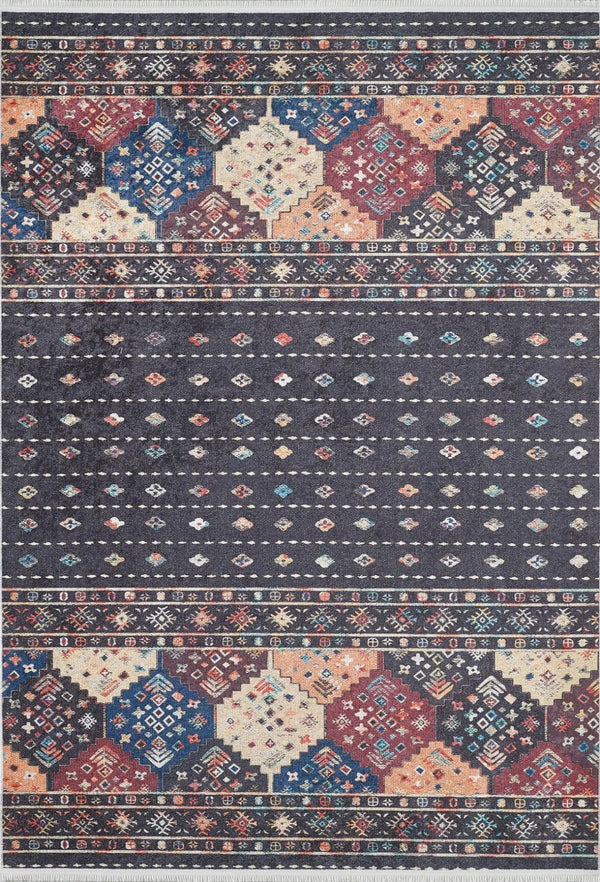 Siyah Etnik Motifli Geometrik Halı - Yıkanabilir - Kaymaz Taban - Pati Dostu